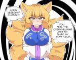  1girl :3 abstract_background animal_ears blonde_hair blue_collar blush breasts collar covered_nipples dress english_text fluffy fox_ears fox_girl fox_tail frilled_collar frills hands_in_opposite_sleeves hypnosis hypnotizing_viewer jungleboyayaya large_breasts looking_at_viewer mind_control monochrome_background multiple_tails no_headwear puffy_nipples seductive_smile short_hair smile solo speech_bubble spiral standing straight-on tabard tail touhou upper_body white_dress wide_sleeves yakumo_ran yellow_eyes 