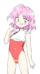  1girl arm_at_side blush covered_navel flat_chest hand_up legs_apart leotard nonamejd official_style pink_eyes pink_hair red_leotard sara_(touhou) short_hair simple_background smile solo standing touhou touhou_(pc-98) two-tone_leotard white_background white_leotard zun_(style) 