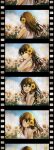  1girl absurdres blue_eyes breasts brown_hair cleavage closed_eyes commentary day dress english_commentary falling_petals field film_strip flower flower_field grin hair_flower hair_ornament hand_in_own_hair highres long_hair looking_at_viewer looking_back multiple_views open_mouth original petals sky sleeveless sleeveless_dress smile sunflower sunflower_field watanacat 