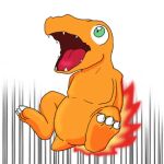 agumon ambiguous_gender bandai_namco burning butt_on_fire claws digimon digimon_(species) feet fire hand_on_butt hasbro open_mouth pain simple_background solo soukouryu toe_claws