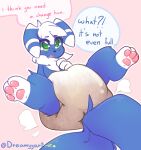 2021 anthro blue_body blue_fur bodily_fluids dialogue diaper dreamyart ears_down embarrassed english_text feces fur generation_6_pokemon green_eyes hi_res lying male meowstic messy_diaper nintendo on_back open_mouth pawpads pink_background pink_pawpads pink_tongue pivoted_ears pokemon pokemon_(species) pooping simple_background soiled_diaper soiling soiling_diaper solo speech_bubble star stripes tail tears text tongue watermark white_paws white_stripes