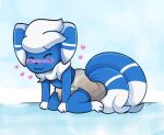 &lt;3 2021 anthro blue_body blue_fur blush brdzandbiscuits clothed clothing diaper diaper_only ears_down feces fur generation_6_pokemon kneeling male meowstic messy_diaper nintendo pivoted_ears pokemon pokemon_(species) pooping smile soiled_diaper soiling soiling_diaper solo stripes tail topless white_paws white_stripes