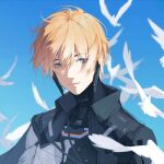  1boy armor asymmetrical_sleeves bird black_jacket blonde_hair blue_sky chinese_commentary collared_jacket commentary cyborg flock hair_between_eyes jacket lee:_hyperreal_(punishing:_gray_raven) lee_(punishing:_gray_raven) looking_at_viewer looking_to_the_side male_focus mechanical_parts nery open_clothes open_jacket portrait punishing:_gray_raven see-through_armor shoulder_armor sky smile solo white_bird 