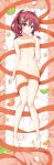  1girl absurdres barefoot bed_sheet blue_eyes blush breasts collarbone commentary_request convenient_ribbon cura dakimakura_(medium) flower from_above full_body groin hair_flower hair_ornament highres long_hair looking_at_viewer lying maitetsu migita_hibiki monobeno naked_ribbon navel on_back ponytail red_hair ribbon small_breasts solo thigh_gap underboob white_flower 