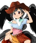  1girl black_wings blush_stickers brown_footwear brown_headwear closed_mouth cowboy_hat dress feathered_wings flat_chest grey_hair grey_tail hand_on_own_knee hand_up hat horse_tail kurokoma_saki long_hair looking_at_viewer multicolored_clothes multicolored_dress nonamejd official_style puffy_short_sleeves puffy_sleeves red_eyes short_sleeves simple_background single_bare_shoulder sitting smile solo tail touhou very_long_hair white_background wings zun_(style) 