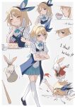  1girl :t alice_(alice_in_wonderland) alice_in_wonderland animal baseball_bat blonde_hair blue_eyes blue_footwear blue_hairband cake cake_slice collared_shirt cup eat_me eating english_text food fork hairband highres holding holding_fork multiple_views one_eye_closed pastry_box plate pleated_skirt pocket_watch rabbit sack shirt short_sleeves skirt spilling standing_on_person teacup thighhighs wakuseiy walking watch white_rabbit_(alice_in_wonderland) white_shirt white_thighhighs 