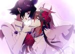  2boys black_hair bouquet bridal_veil closed_mouth colored_skin demon_boy demon_wings dress flower funamusea haiiro_teien hair_flower hair_ornament hand_on_another&#039;s_cheek hand_on_another&#039;s_face highres holding holding_bouquet horns hoshimi_(hosizorarara) ivlis_(haiiro_teien) male_focus multicolored_hair multiple_boys open_mouth orange_eyes petals pointy_ears ponytail purple_eyes purple_flower purple_hair red_flower red_hair satanick_(funamusea) streaked_hair suit veil wedding wedding_dress white_background white_skin white_suit wings yaoi 