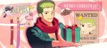  1boy beer_mug candy candy_cane character_name chibi copyright_name cup food gift green_hair highres holding holding_gift lollipop looking_at_viewer male_focus merry_christmas mug one_eye_closed one_piece red_scarf roronoa_zoro scar scar_across_eye scar_on_chest scarf short_hair sideburns solo star_(symbol) stitches stnutt swirl_lollipop sword wanted weapon 