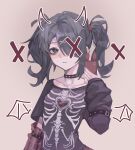  1girl ame-chan_(needy_girl_overdose) arm_warmers black_choker black_hair black_shirt choker closed_mouth drawn_horns drawn_wings grey_background grey_eyes hair_ornament hair_over_one_eye hand_up highres holding holding_phone long_hair looking_at_viewer needy_girl_overdose o-ring o-ring_choker official_alternate_costume phone qaz_(qa31281914) selfie shirt short_sleeves simple_background skeleton_print solo t-shirt taking_picture twintails upper_body x_hair_ornament 