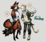  animal_ears belt black_footwear black_gloves black_pants blonde_hair boltund brown_shorts dog_ears egg emoji gloves hand_in_pocket holding holding_egg jacket jewelry kantarou_(8kan) lightning_bolt_symbol necklace nickit pants personification pokedex_number pokemon pokemon_egg shorts spoken_expression tail tongue tongue_out yellow_footwear 