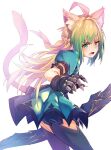  1girl ahoge animal_ear_fluff animal_ears aqua_dress arm_belt atalanta_(fate) bibisuka black_gloves black_thighhighs blonde_hair bow_(weapon) braid cat_ears claw_ring cowboy_shot dress fang fate/grand_order fate_(series) gloves gradient_hair green_eyes green_hair highres holding holding_bow_(weapon) holding_weapon leaning_forward looking_at_viewer multicolored_hair open_mouth simple_background skin_fang solo tail thighhighs weapon white_background 