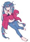  1girl 3774. :/ aqua_eyes aqua_hair aqua_nails bare_shoulders barefoot black_bra black_choker bow bra chest_tattoo choker denim dot_nose dutch_angle floating ghost_pose hair_between_eyes hair_bow hatsune_miku jacket jeans knees_together_feet_apart limp_wrist long_hair looking_at_viewer loose_clothes multiple_hair_bows nail_polish no_shirt no_shoes off_shoulder open_clothes open_jacket pants red_jacket sidelocks signature sleeves_past_wrists solo tattoo toenail_polish toenails twintails underwear very_long_hair vocaloid white_background 