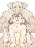 anthro belly blush canid canine canis domestic_dog duo elephant elephantid floppy_ears fur grey_body hi_res hizen_(tamacolle) male male/male mammal nipples nude overweight proboscidean proboscis_(anatomy) size_difference smile tajima_(tamacolle) tamacolle towel trunk_(anatomy) tusks white_body white_fur who_corals