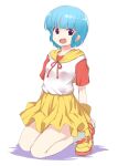  1girl blue_hair bosshi breasts commentary_request grey_socks highres kneeling mahou_no_tenshi_creamy_mami miniskirt morisawa_yuu open_mouth purple_eyes shoes short_hair sketch skirt small_breasts smile sneakers socks solo yellow_hood yellow_skirt 