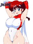  1girl absurdres alternate_costume arm_behind_head armpits arms_up blue_eyes blush braid breasts cameltoe cosplay covered_navel covered_nipples donguri2 gloves highleg highleg_leotard highres large_breasts leotard long_hair looking_at_viewer mach_breakers open_mouth ranma-chan ranma_1/2 red_hair simple_background skin_tight white_background white_leotard 