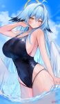  1girl ahoge arm_up artist_name bare_arms bare_shoulders blue_hair blue_one-piece_swimsuit blue_sky breasts closed_mouth cloud cloudy_sky commentary covered_navel double-parted_bangs feathered_wings hair_intakes halo highres large_breasts long_hair looking_at_viewer low_wings one-piece_swimsuit original sky smile solo swimsuit symbol-only_commentary twitter_username very_long_hair wading wet wet_clothes wet_face wet_swimsuit white_wings wings yellow_eyes yellow_halo yuniiho 