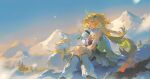  1girl ahoge blonde_hair bottle character_request dot_mouth flower goggles goggles_on_head hair_flower hair_ornament highres holding holding_bottle landscape long_hair mountain negative_space scenery sitting sky sleeveless snowing snowman solo winter wuthering_waves yellow_eyes yunouou10 