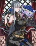  1girl bare_shoulders bouquet breasts flower gloves grey_hair holding holding_bouquet holding_flower honjou_raita large_breasts long_hair military military_uniform official_art open_mouth pale_skin red_eyes selvaria_bles senjou_no_valkyria_(series) solo uniform very_long_hair weapon 