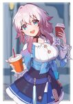  1girl black_choker black_corset blue_eyes blue_jacket blue_skirt blurry blurry_background border breasts buttons camera choker collarbone commentary corset cowboy_shot cup disposable_cup dress_shirt drink drinking_straw earrings flower_ornament gradient_jacket hands_up highres holding holding_drink honkai:_star_rail honkai_(series) ikanoodashi jacket jewelry long_sleeves looking_at_viewer march_7th_(honkai:_star_rail) medium_breasts medium_hair miniskirt open_mouth outside_border pink_hair pleated_skirt purple_jacket shirt single_earring skirt smile solo tied_jacket two-tone_eyes underbust white_border white_shirt 
