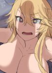  1girl blonde_hair blue_eyes bosshi breast_press breasts commentary_request highres iowa_(kancolle) kantai_collection large_breasts nude open_mouth penis_awe penis_shadow signature solo star-shaped_pupils star_(symbol) sweatdrop symbol-shaped_pupils upper_body 