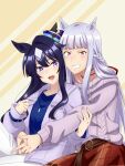  2girls animal_ears arms_around_waist blue_hair blue_shirt blunt_bangs dark_blue_hair ear_covers ear_ornament ear_piercing ear_ribbon earrings ears_through_headwear gold_ship_(umamusume) grey_jacket hair_between_eyes hat heads_together highres horse_ears horse_girl hug hug_from_behind jacket jewelry long_hair long_sleeves looking_at_viewer multiple_girls nk-43g open_clothes open_jacket open_mouth piercing purple_eyes purple_sweater shirt simple_background single_ear_cover single_earring smile sweater umamusume verxina_(umamusume) 