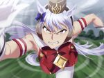  1girl animal_ears blunt_bangs bow breasts brown_headwear dress ear_bow ear_ornament ear_ribbon gloves gold_ship_(umamusume) grey_hair hair_between_eyes hat highres horse_ears horse_girl horse_tail long_hair nk-43g open_mouth pillbox_hat purple_eyes red_dress red_track_suit solo sweat tail teeth umamusume white_gloves 