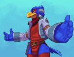 absurd_res anthro avian beak belt blue_body bulge clothing falco_lombardi hi_res kyomiqc legwear male nintendo solo star_fox thigh_highs