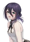  1girl black_choker black_ribbon blush chainsaw_man choker commentary green_eyes hair_between_eyes hair_bun highres kamille_(vcx68) looking_at_viewer looking_to_the_side neck_ribbon purple_hair revision reze_(chainsaw_man) ribbon shirt short_hair simple_background single_side_bun sleeveless sleeveless_shirt smile solo upper_body white_background white_shirt 