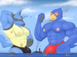 abs absurd_res aircraft airplane anthro armpit_showing avian beak blue_body bulge canid canine city clothing destruction detailed_bulge duo falco_lombardi generation_4_pokemon helicopter hi_res jet led_owo lucario macro male mammal muscular muscular_anthro muscular_male nintendo nipples non-mammal_nipples pecs pokemon pokemon_(species) sea ship speedo spines star_fox swimwear tail vehicle water watercraft