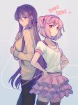  2girls back-to-back black_legwear black_pants casual collarbone doki_doki_literature_club grey_background hair_between_eyes hair_ornament hair_ribbon hairclip hands_on_hips long_hair looking_at_viewer midair_(rkgkefr) multiple_girls natsuki_(doki_doki_literature_club) pants pink_hair pink_skirt pout puffy_short_sleeves puffy_sleeves purple_eyes purple_hair red_eyes red_ribbon ribbed_sweater ribbon shirt short_hair short_sleeves simple_background skirt sweater thighhighs two_side_up very_long_hair white_shirt yuri_(doki_doki_literature_club) 