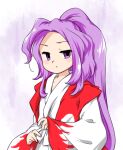  1girl :/ closed_mouth japanese_clothes kimono long_hair long_sleeves looking_to_the_side meira_(touhou) nonamejd official_style ponytail purple_eyes purple_hair solo touhou touhou_(pc-98) white_kimono wide_sleeves zun_(style) 