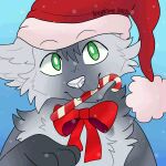 animated anthro bow_(bowhuskers) bow_accessory candy canid canine canis christmas christmas_clothing christmas_headwear clothing dessert fangs festive food green_eyes hat headgear headwear hi_res holidays in_mouth izzyhime male mammal peppermint_(candy) santa_hat simple_background solo teeth wolf
