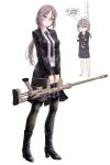  1girl absurdres age_comparison aged_up barefoot black_footwear black_jacket black_necktie black_pantyhose bolt_action boots cheytac_m200 collared_shirt english_commentary full_body girls&#039;_frontline grey_hair gun high_heel_boots high_heels highres holding holding_gun holding_weapon jacket long_hair looking_at_viewer m200_(girls&#039;_frontline) necktie open_clothes open_jacket pantyhose pleated_skirt ponytail purple_eyes rifle shirt sidelocks skirt sniper_rifle speech_bubble stadiometer user_zzhx5244 weapon white_background white_shirt 