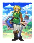 9twoeight blonde_hair blue_eyes blush boots clothing cloud day elf footwear hair hi_res holding_object holding_sword holding_weapon humanoid humanoid_pointy_ears hylian link looking_at_viewer male melee_weapon nintendo outside shield smile solo sword the_legend_of_zelda weapon