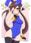  1girl absurdres aile_(mega_man_zx) animal_ears black_thighhighs blue_leotard blush breasts brown_hair buzzlyears green_eyes heart heart-shaped_pupils highres leotard long_hair medium_breasts mega_man_(series) mega_man_zx mega_man_zx_advent one_eye_closed open_mouth playboy_bunny ponytail rabbit_ears robot_ears simple_background sleeveless smile solo symbol-shaped_pupils thighhighs 