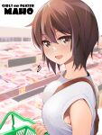  1girl basket between_breasts breasts brown_eyes brown_hair character_name chuutaro_metal commentary_request copyright_name flying girls_und_panzer looking_at_viewer medium_breasts nishizumi_maho shirt short_hair sleeveless sleeveless_shirt smile solo strap_between_breasts supermarket upper_body 