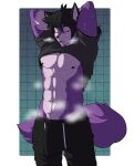 abs alpha_channel anthro biped black_hair bodily_fluids bulge canid canine countershade_fur countershade_torso countershading eyes_closed fur hair hi_res male mammal munkeesgomu muscular muscular_anthro muscular_male pecs purple_body purple_fur solo sweat tail