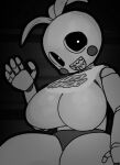 anthro apron avian big_breasts bird breasts chica_(fnaf) chicken clothing female five_nights_at_freddy&#039;s galliform gallus_(genus) looking_at_viewer machine monkibonk monochrome panties phasianid robot scottgames sharp_teeth smile solo teeth underwear