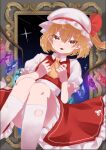  1girl ascot blonde_hair crystal dress flandre_scarlet full_body hat medium_hair mob_cap open_mouth picture_frame red_dress red_eyes sitting solo sparkle thighhighs touhou user_pxaw4585 yellow_ascot 