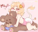 &lt;3 2021 ambiguous_gender anthro blonde_hair blue_bow blush bodily_fluids brown_text chastity_device diaper diaper_humping dreamyart eyes_closed fur hair humping humping_plushie mammal mouse murid murine outline pink_background pink_diaper pink_ears plushie plushophilia rodent simple_background solo star tail tan_body tan_fur teddy_bear text vocalization vowelless vowelless_vocalization white_outline white_text