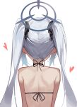  1girl absurdres alpha_beast back black_ribbon blue_archive dark-skinned_female dark_skin from_behind grey_hair grey_halo hair_ribbon halo heart highres iori_(blue_archive) long_hair pointy_ears ribbon simple_background solo upper_body white_background 