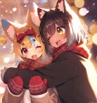  2girls ;d absurdres animal_ear_fluff animal_ears backlighting black_coat black_hair black_jacket blonde_hair blue_hair blurry blurry_background blush bokeh bow brown_coat brown_jacket cat_ears character_request coat commentary_request depth_of_field fangs grey_mittens hair_between_eyes hair_bow hair_ornament hairclip highres hug indie_virtual_youtuber jacket long_sleeves looking_at_viewer mittens multicolored_hair multiple_girls one_eye_closed open_mouth outdoors pink_eyes plaid plaid_scarf red_bow red_eyes red_mittens red_scarf sakura_chiyo_(konachi000) scarf shirt short_eyebrows short_hair signature sleeves_past_wrists smile streaked_hair thick_eyebrows twitter_username two-tone_hair upper_body virtual_youtuber white_shirt yamano_kayo yellow_eyes 