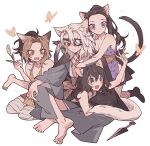  1boy 3girls :d animal_ear_fluff animal_ears annoyed arm_up bandaged_leg bandages bare_shoulders barefoot black_hair blonde_hair breasts bug butterfly cat_boy cat_ears cat_girl cat_tail cleavage eyepatch fang fishnet_thighhighs fishnets grey_kimono hair_pulled_back harem highres hinatsuru_(kimetsu_no_yaiba) husband_and_wife husband_and_wives japanese_clothes kemonomimi_mode kimetsu_no_yaiba kimono kunai large_breasts long_hair long_sleeves looking_at_another lying_on_lap makio_(kimetsu_no_yaiba) meremero mole mole_under_eye multicolored_hair multiple_girls open_mouth polygamy ponytail purple_eyes red_eyes simple_background sitting sleeveless sleeveless_kimono smile suma_(kimetsu_no_yaiba) tail thighhighs two-tone_hair uzui_tengen weapon white_background white_hair 
