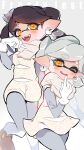  2girls absurdres ao_hito black_hair bow-shaped_hair callie_(splatoon) commentary_request earrings fangs food food_on_head gloves grey_pantyhose highres hoop_earrings jewelry long_hair marie_(splatoon) multiple_girls object_on_head one_eye_closed open_mouth pantyhose pointy_ears scarf short_hair simple_background smile splatoon_(series) splatoon_3 standing standing_on_one_leg star-shaped_pupils star_(symbol) sushi symbol-shaped_pupils teeth tentacle_hair thick_eyebrows upper_teeth_only white_background white_gloves white_hair white_scarf yellow_eyes 