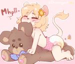 &lt;3 2021 ambiguous_gender anthro blonde_hair blue_bow blush bodily_fluids brown_text chastity_device diaper diaper_humping dreamyart eyes_closed fur genital_fluids hair humping humping_plushie mammal mouse murid murine outline pink_background pink_diaper pink_ears plushie plushophilia rodent simple_background star tail tan_body tan_fur teddy_bear text urine vocalization vowelless vowelless_vocalization watermark wet_diaper wetting white_outline white_text