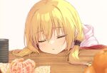  1girl black_scrunchie blonde_hair blush chitose_sana closed_eyes cofetaru commentary eyelashes food fruit hair_between_eyes hair_ornament hair_scrunchie hair_spread_out head_on_table kotatsu long_hair low_twintails mandarin_orange parted_lips scrunchie simple_background sleeping solo table tenshinranman twintails under_kotatsu under_table white_background 