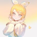  1girl bare_shoulders blinklikeer blonde_hair blue_eyes bow bow_hairband closed_mouth gradient_background hair_ornament hairband hairclip hands_on_own_cheeks hands_on_own_face hands_up headset heart highres kagamine_rin long_sleeves looking_at_viewer off-shoulder_shirt off_shoulder puffy_long_sleeves puffy_sleeves shirt short_hair solo upper_body vocaloid white_background white_bow white_hairband white_shirt yellow_background yellow_pupils 