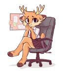 2024 absurd_res ambiguous_gender anthro antlers bottomwear bulletin_board chair cheek_tuft clasped_hands clothed clothing crossed_legs deer dipstick_ears dress_shirt facial_tuft freckles fur furniture head_tuft hi_res hooves horn inner_ear_fluff jayrnski looking_at_viewer mammal maple_(jayrnski) markings miniskirt multicolored_ears necktie new_world_deer nonbinary_(lore) office_chair reindeer scut_tail shirt short_tail signature simple_background sitting skirt smile solo spots spotted_markings tail tan_body tan_fur topwear traditional_media_(artwork) tuft unguligrade white_background