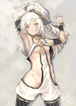  1girl animal_ears areola_slip armband armpits artist_name black_collar black_hairband bosshi breasts chain character_request collar copyright_request cuffs groin hairband high_ponytail highres hip_bones lying on_back orange_eyes petite revealing_clothes ribs shackles signature small_breasts solo white_hair 