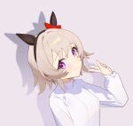  1girl animal_ears breasts closed_mouth curren_chan_(umamusume) grey_hair hair_intakes hairband hand_up highres horse_ears kro_(kroooxd) long_sleeves looking_at_viewer purple_eyes shadow shirt short_hair small_breasts smile solo umamusume upper_body w white_shirt 